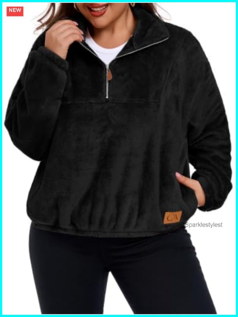 Plus Size Half Zip Fuzzy Fleece Pullover Sweatshirt A-Line